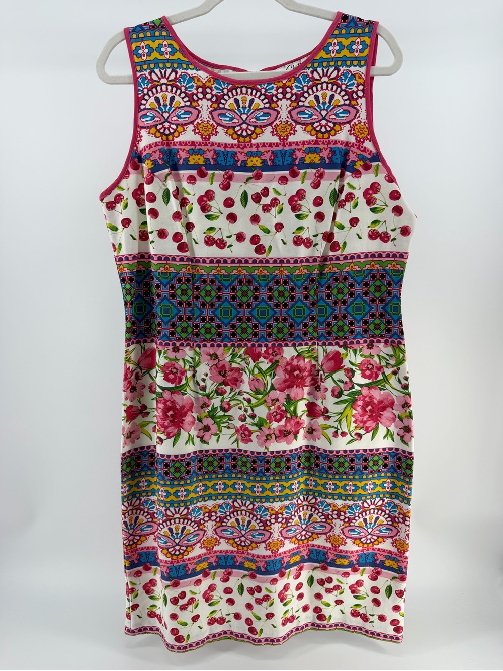 NWT Chetta B Floral Cherry Print Sleeveless Cotton Dress, Women's 14